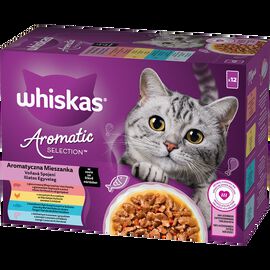 Whiskas Karma Aromatyczna Mieszanka w sosie z wieprzowiną i marchewką, z kurczakiem i marchewką, z rybą oceaniczną, z łososiem i groszkiem 12x85g