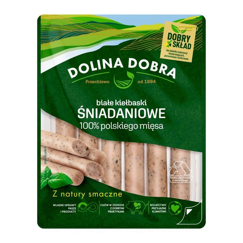 Białe kiełbaski śniadaniowe 100% mięsa Dolina Dobra 200 g