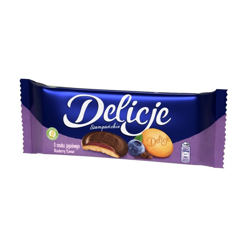 Biszkopty z galaretką o smaku jagodowym oblane czekoladą Delicje 147 g