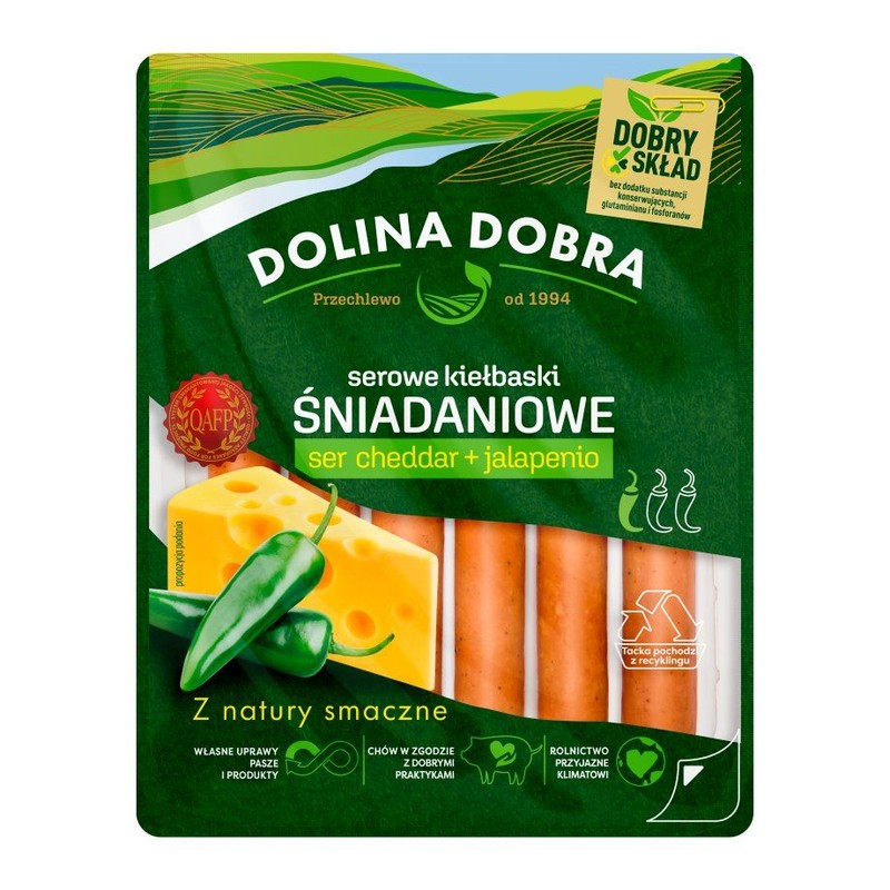 Serowe kiełbaski śniadaniowe ser cheddar+jalapenio Dolina Dobra 200 g
