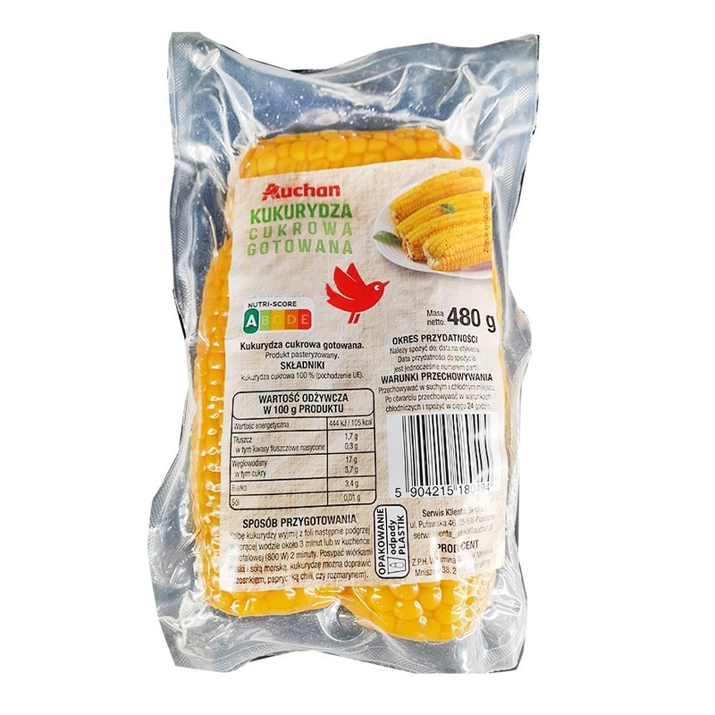 Kukurydza gotowana Auchan 480 g