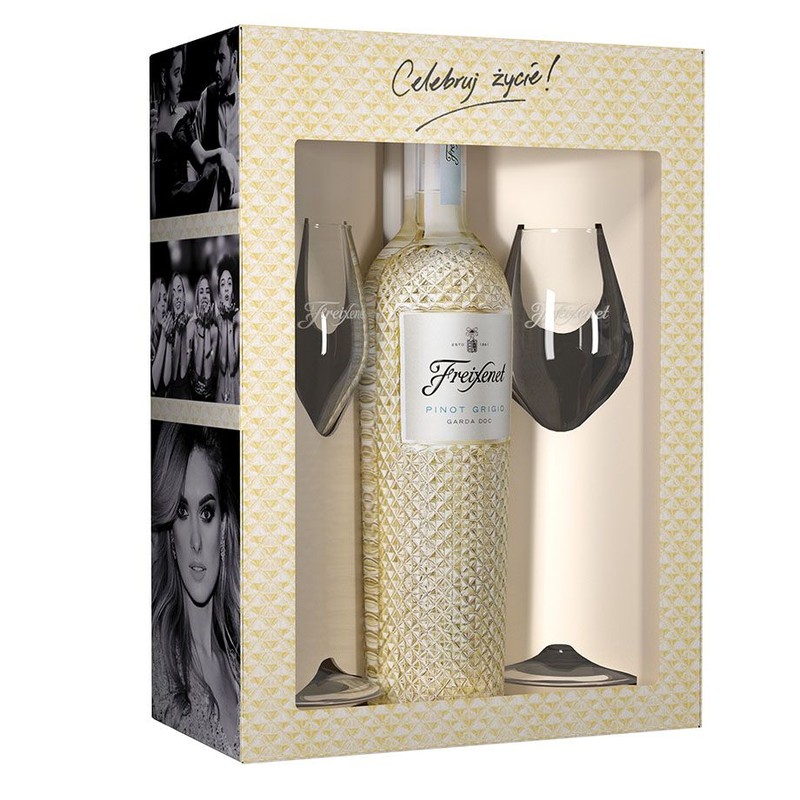 Wino włoskie białe wytrawne Pinot Grigio 11,5% + 2 kieliszki Freixenet 750 ml
