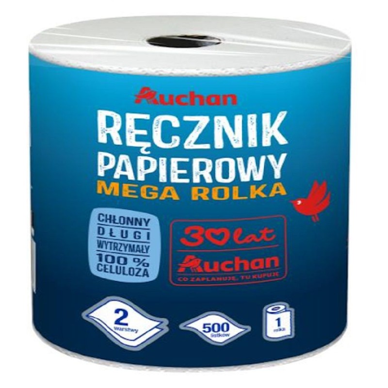 Ręcznik papierowy Mega Rolka 2 warstwy 500 listków    Auchan 1 rolka