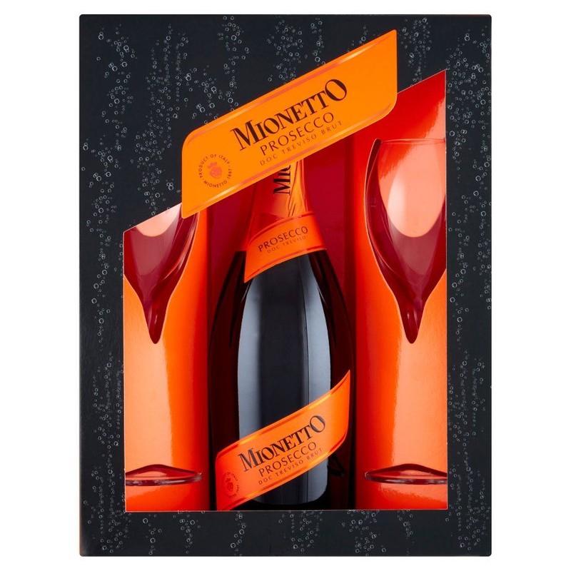 Wino włoskie musujące białe wytrawne Prosecco alk. 11,0% obj. + 2 kieliszki Mionetto 750 ml