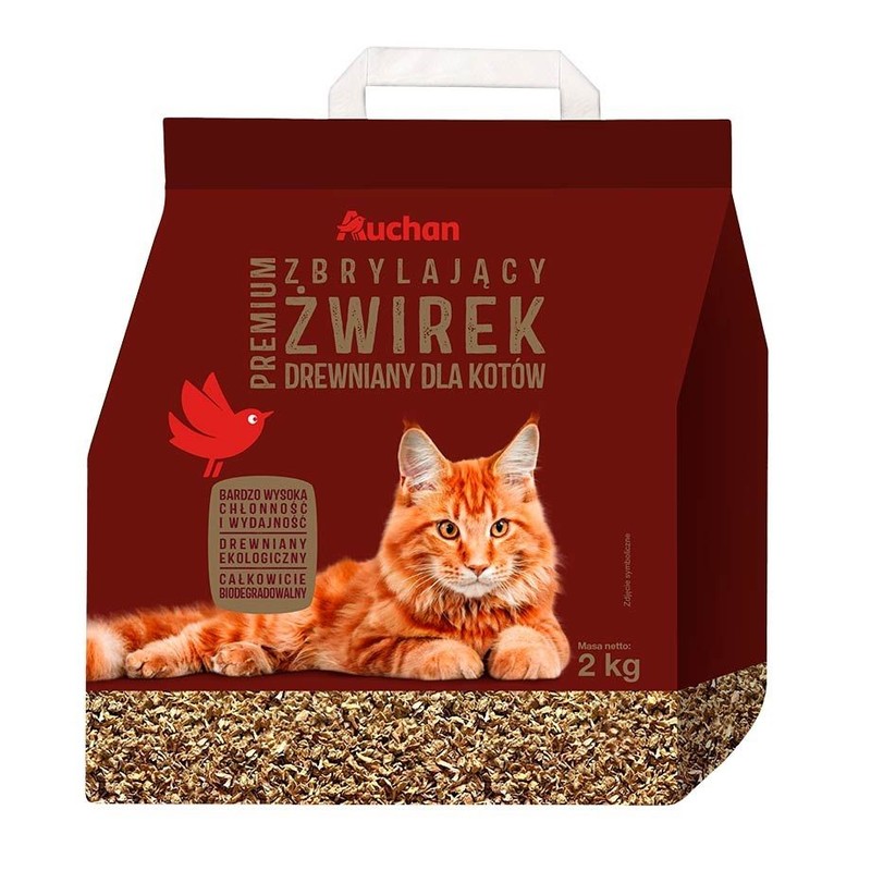 Żwirek zbrylający drewniany Premium dla kotów Auchan 2 kg