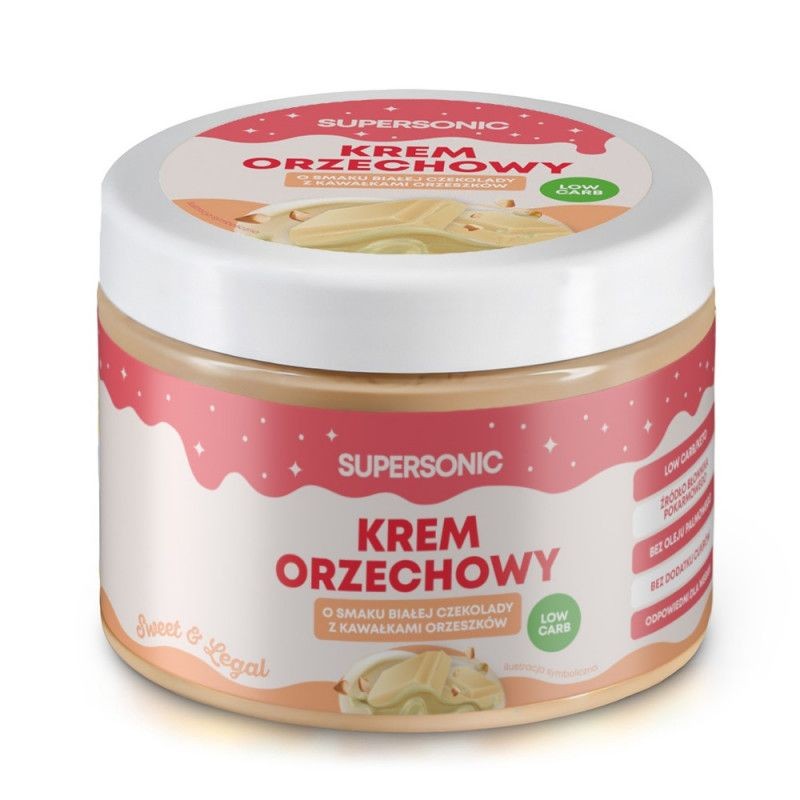 Dietetyczny krem orzechowy o smaku białej czekolady z kawałkami orzeszków Supersonic 250 g