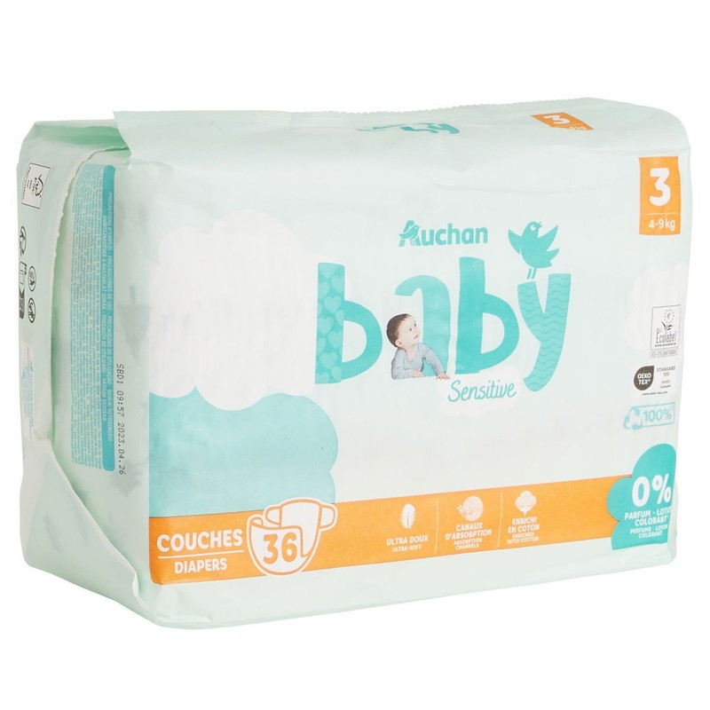 Pieluszki Sensitive 3 4-9 kg Auchan 36 sztuk