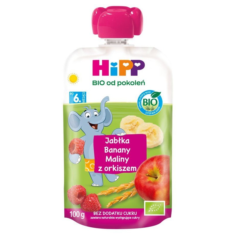BIO Mus owocowy 100% jabłka banany maliny ze zbożami HiPP 100 g