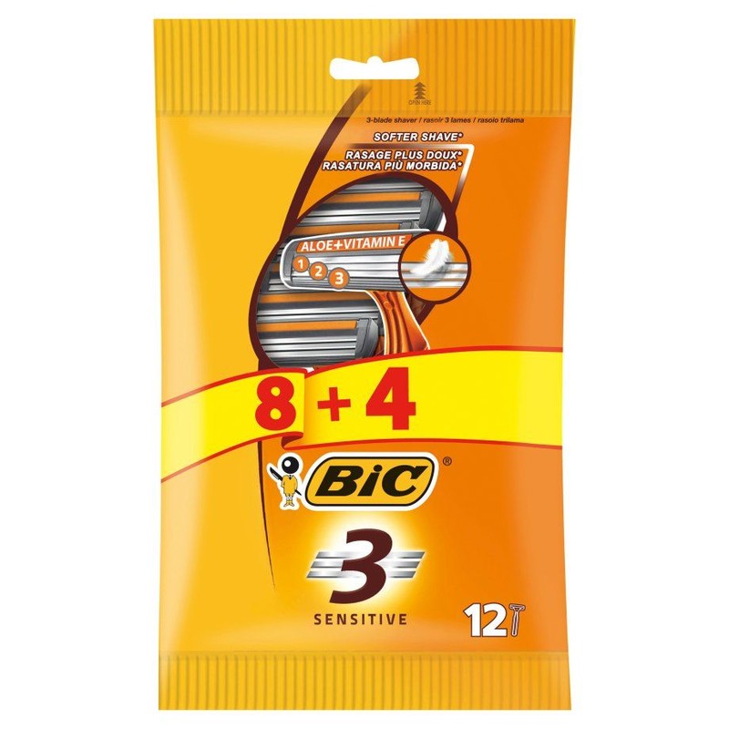 Jednoczęściowe maszynki do golenia 3 Sensitive 8+4 BIC 12 sztuk