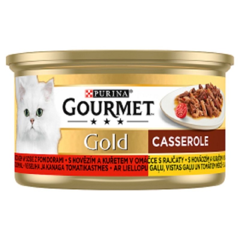 Mokra karma dla dorosłych kotów z wołowiną i kurczakiem w sosie z pomidorami Gourmet 85 g