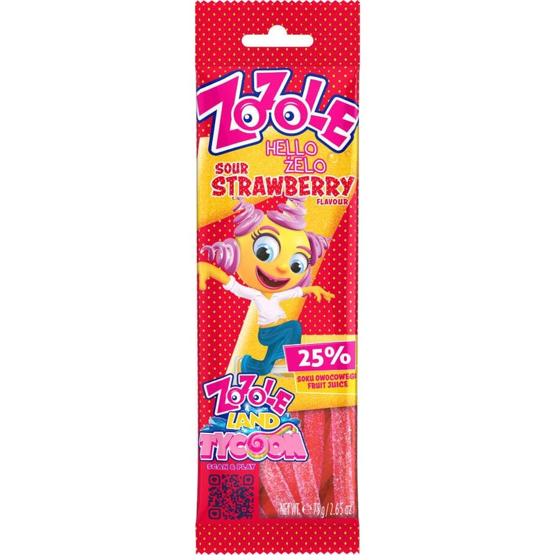 Żelki o smaku truskawkowym z nadzieniem cukrowym, super kwaśne Zozole 75 g