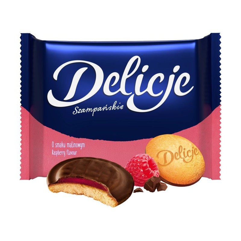 Biszkopty z galaretką o smaku malinowym oblewane czekoladą Delicje 294 g