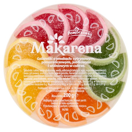 Pomorzanka Makarena Galaretki o smakach cytrynowym pomarańczowym jabłkowym wiśniowym w cukrze 200 g