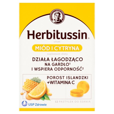 Herbitussin Pastylki smak miód i cytryna 12 sztuk