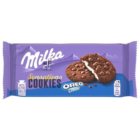 Milka Oreo Sensations, ciastka kakaowe z kawałkami czekolady i nadzieniem o smaku waniliowym - 156 g