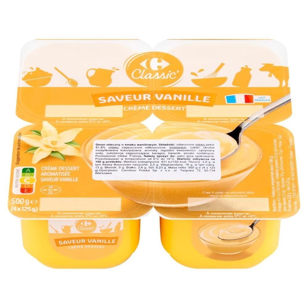 Carrefour Classic Deser mleczny o smaku waniliowym 500 g (4 x 125 g)