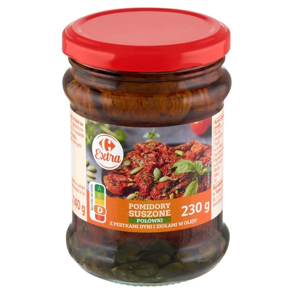Carrefour Extra Pomidory suszone połówki z pestkami dyni i ziołami w oleju 230 g