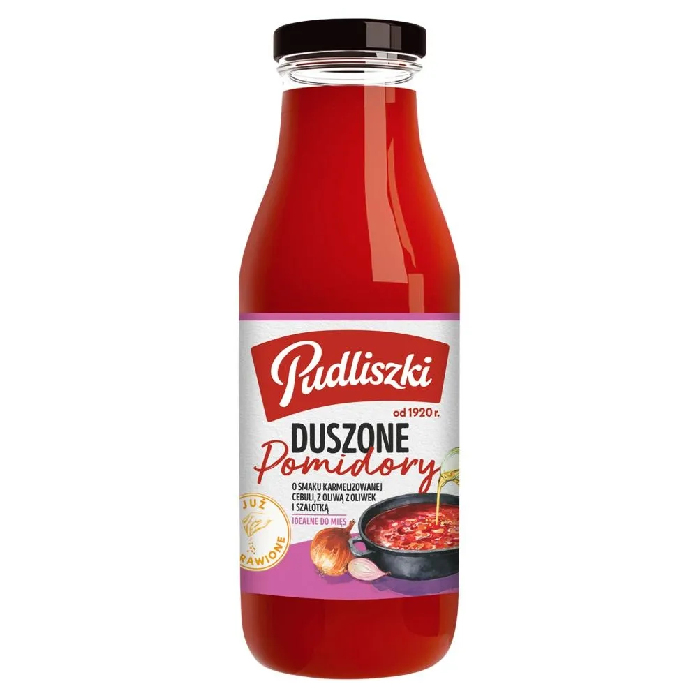 Pudliszki Duszone pomidory o smaku karmelizowanej cebuli z oliwą z oliwek i szalotką 495 g