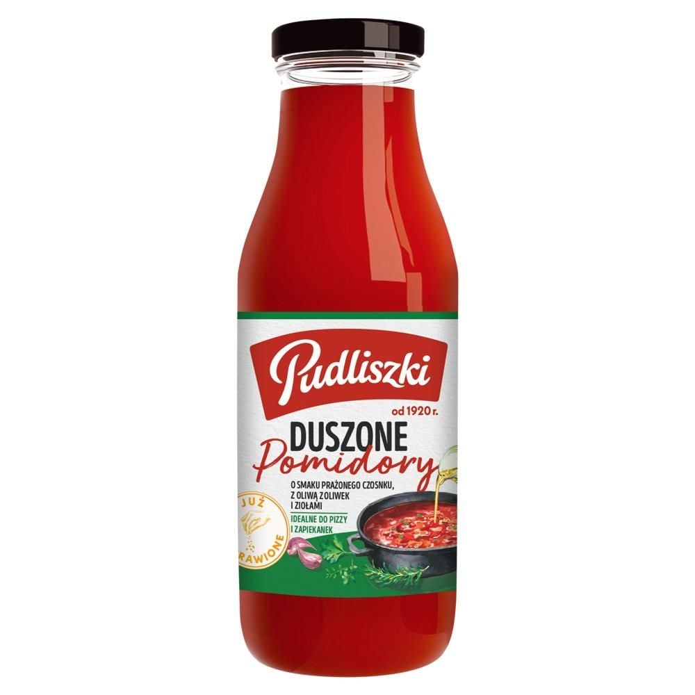 Pudliszki Duszone pomidory o smaku prażonego czosnku z oliwą z oliwek i ziołami 495 g
