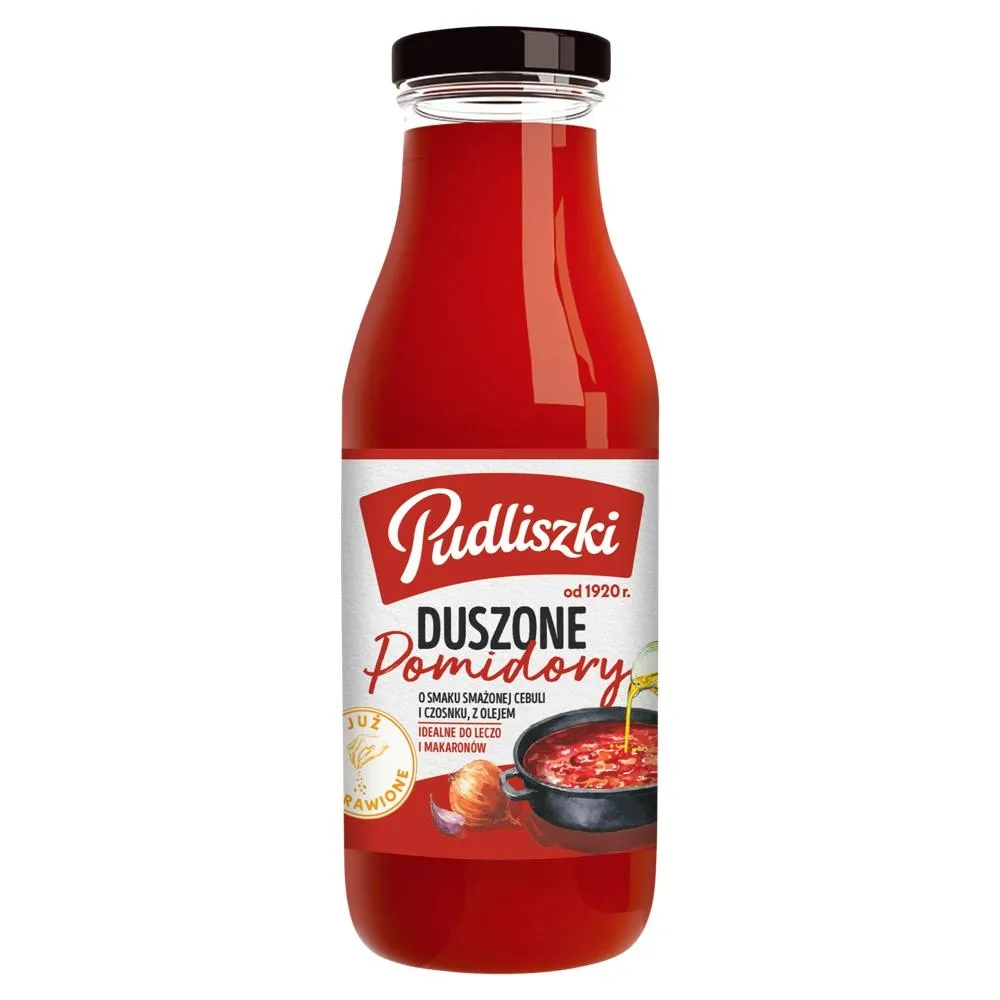 Pudliszki Duszone pomidory o smaku smażonej cebuli i czosnku z olejem 500 g