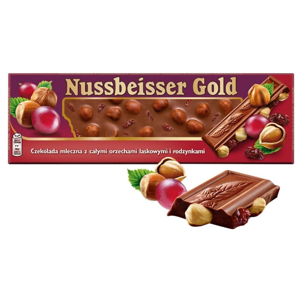 Nussbeisser Gold Czekolada mleczna z całymi orzechami laskowymi i rodzynkami 220 g