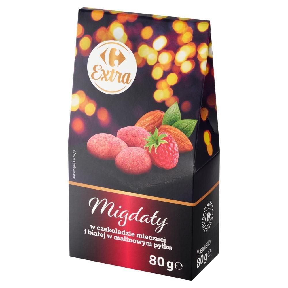 Carrefour Extra Migdały w czekoladzie mlecznej i białej w malinowym pyłku 80 g