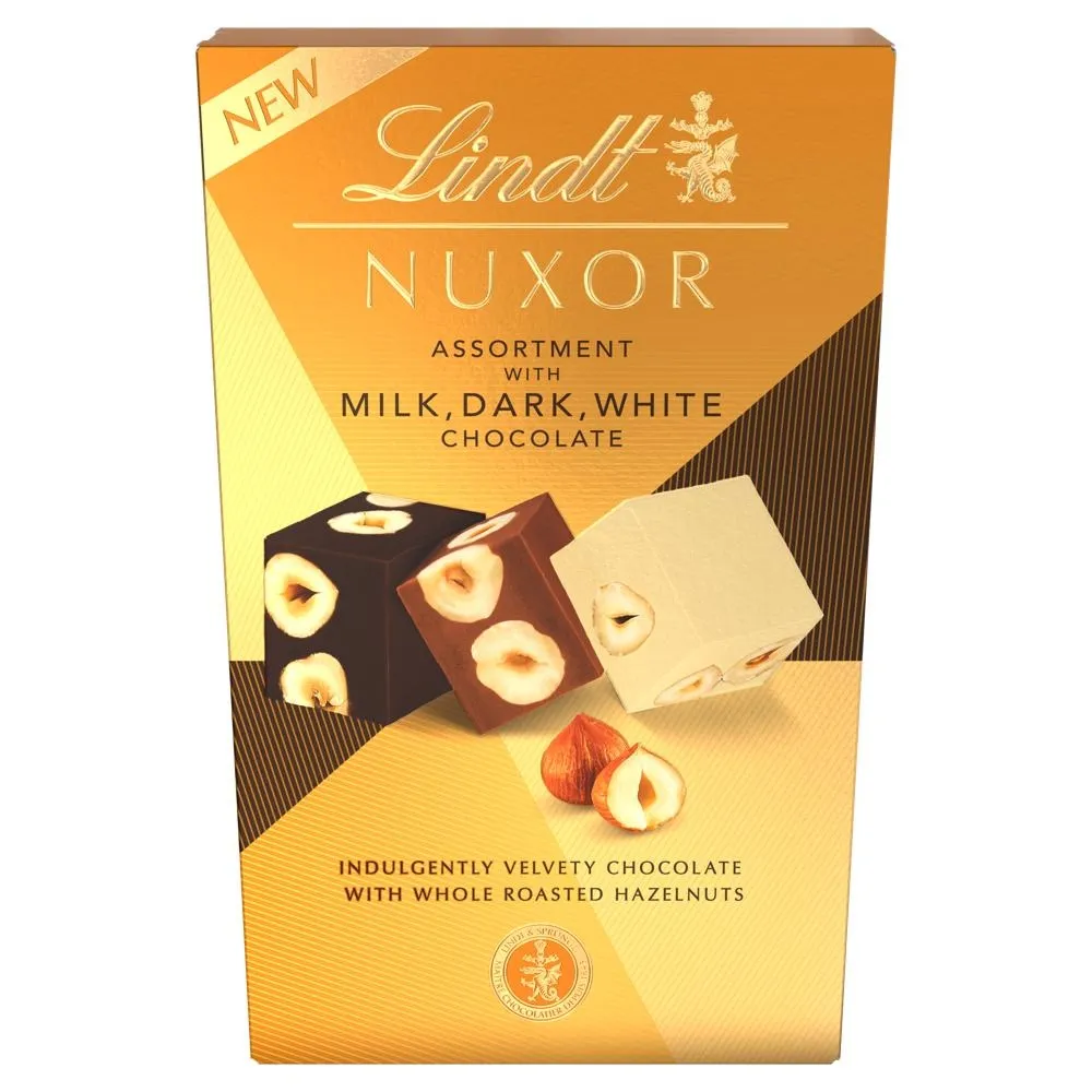 Lindt Nuxor Praliny z czekolady mlecznej oraz ciemnej Gianduja i praliny z białej czekolady 150 g