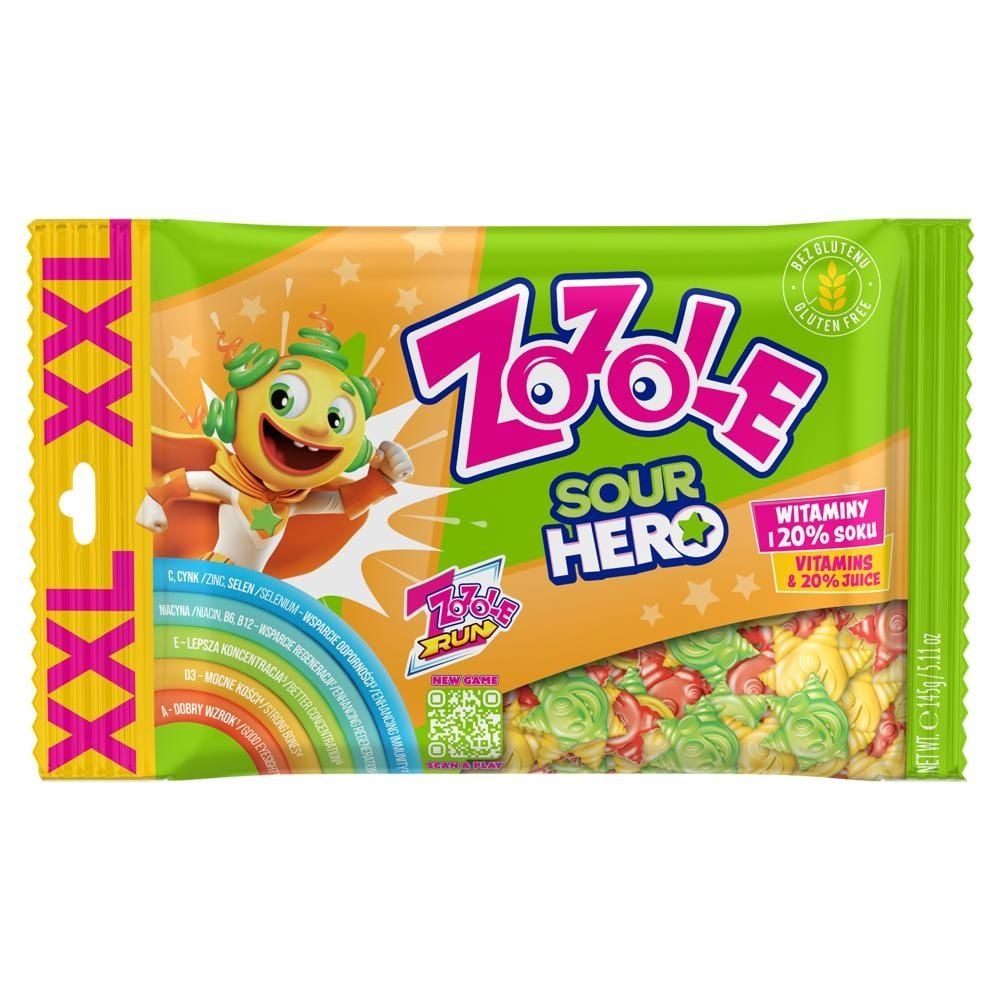 Zozole XXL Sour Hero Mix żelków o smaku wiśni ananasa i arbuza w kwaśnej posypce 145 g