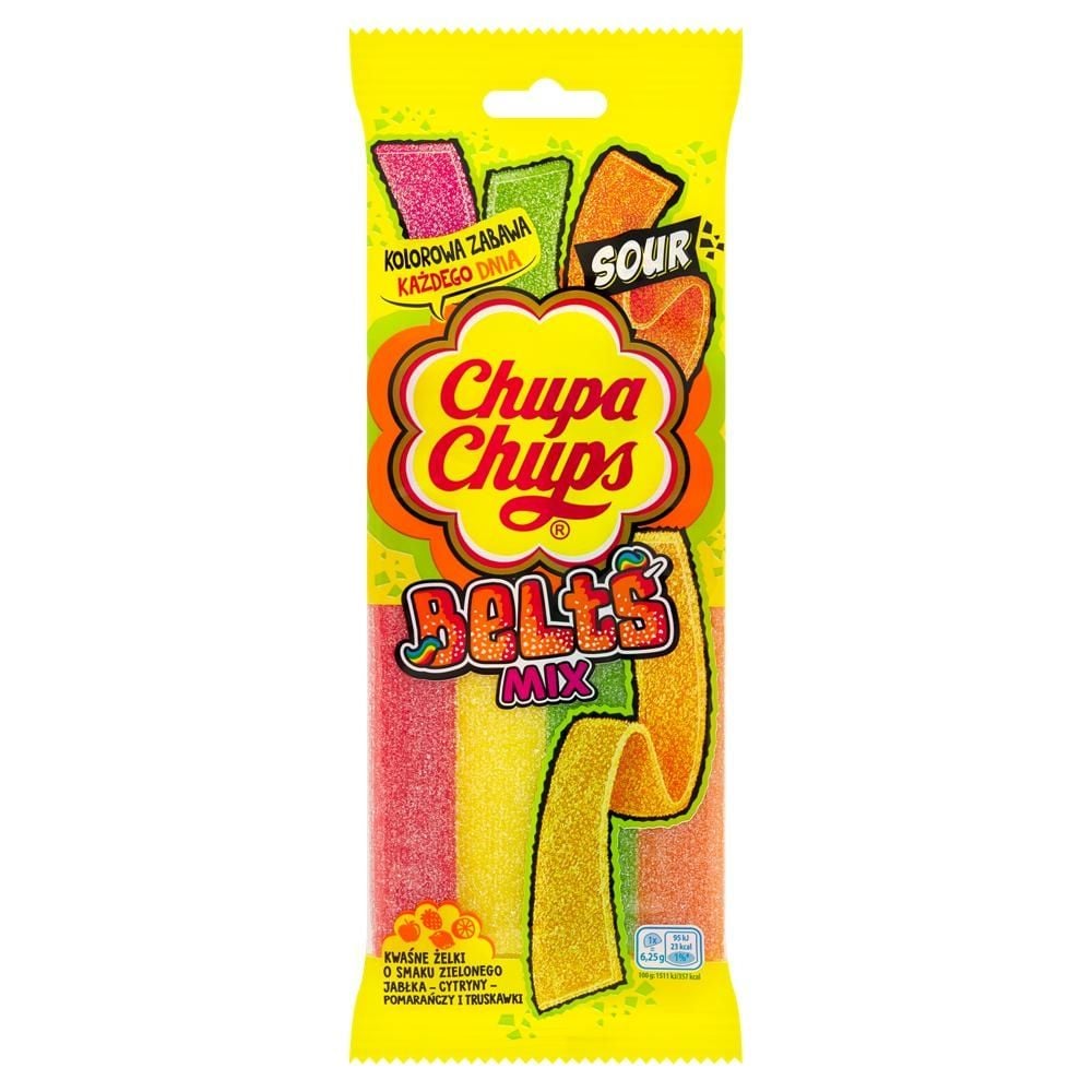 Chupa Chups Belts Mix Kwaśne żelki o smaku zielonego jabłka cytryny pomarańczy i truskawki 125 g