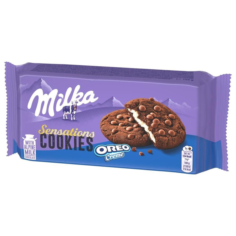 Milka Oreo Sensations, ciastka kakaowe z kawałkami czekolady i nadzieniem o smaku waniliowym - 156 g