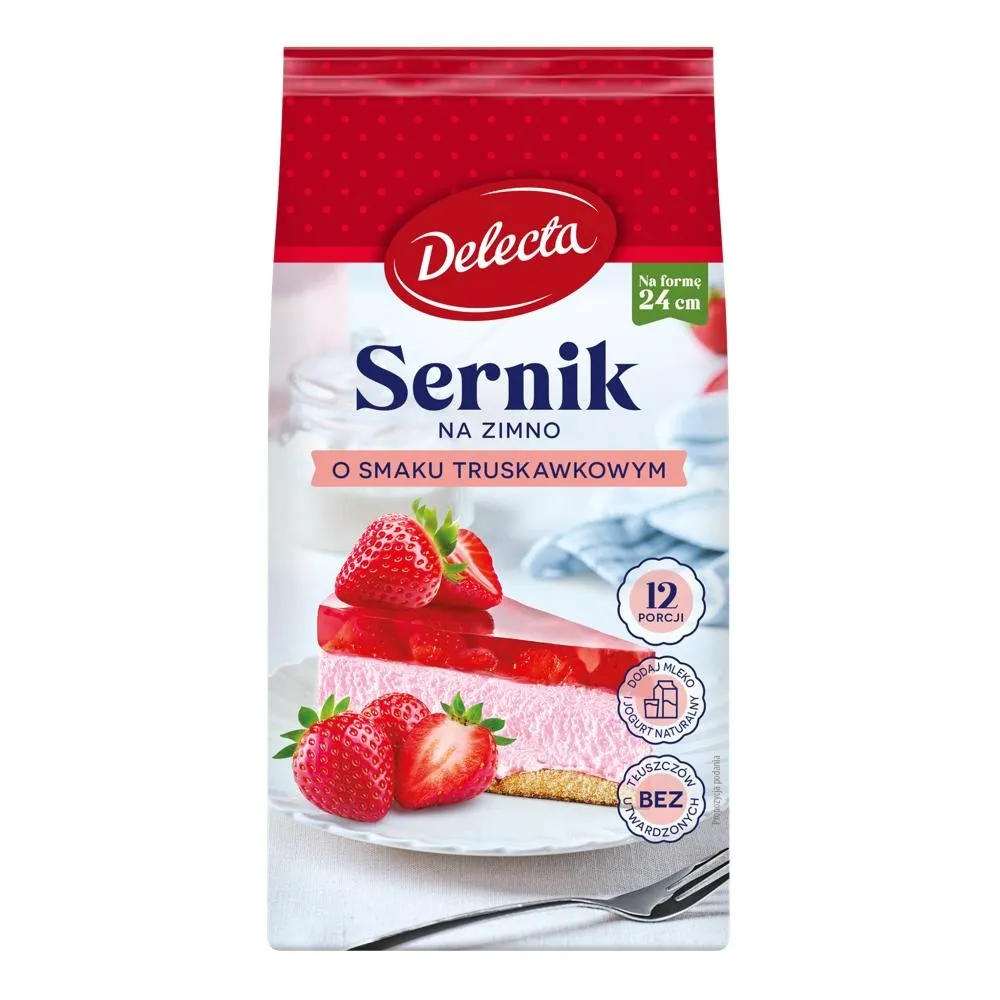 Delecta Sernik na zimno o smaku truskawkowym mieszanka do domowego przygotowania ciasta 154 g