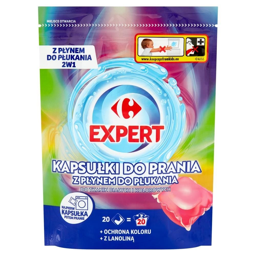 Carrefour Expert Kapsułki do prania tkanin białych kolorowych z płynem do płukania 400 g (20 prań)