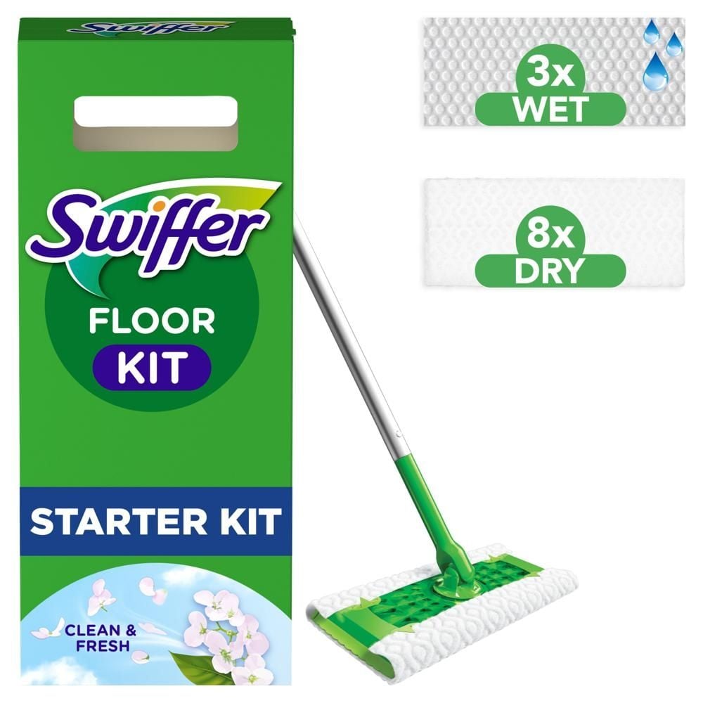 Swiffer Zestaw startowy: 1 mop,8 suchych ściereczek do zbierania kurzu i3 mokre chusteczki do podłóg