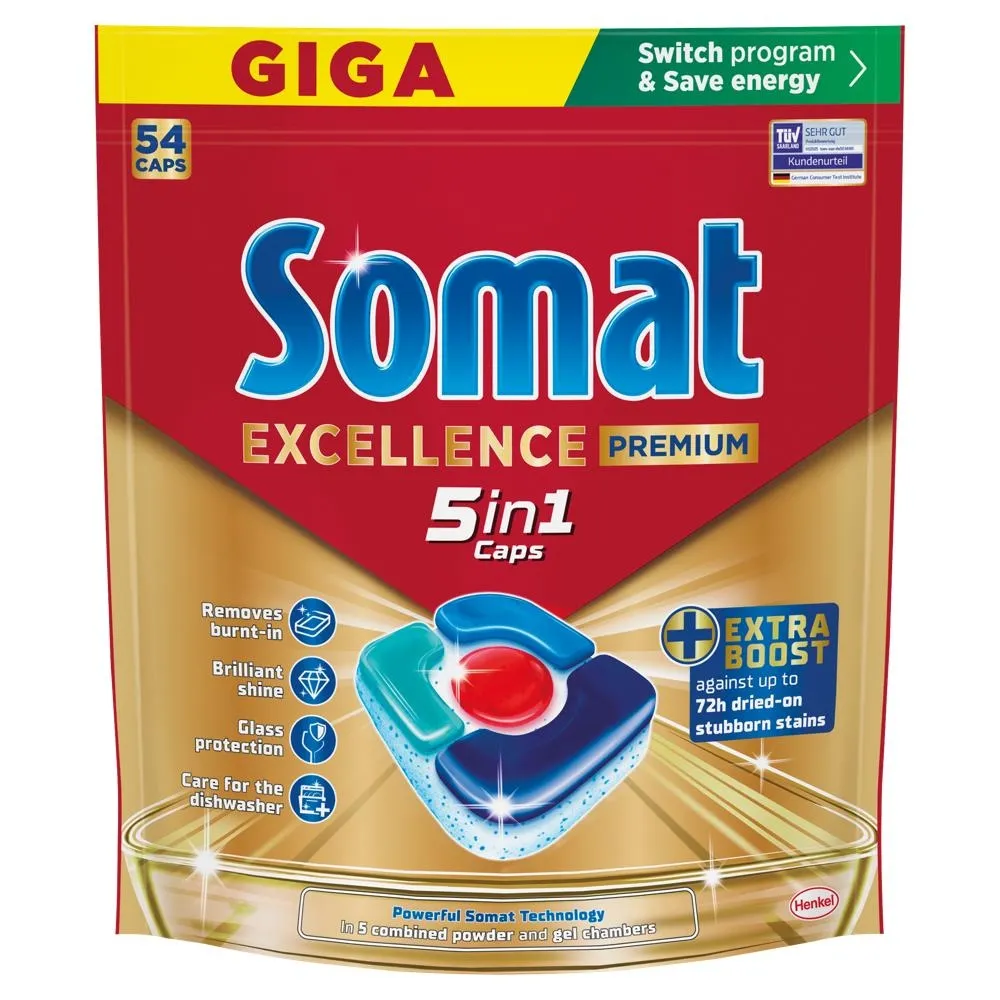 Somat Excellence Premium 5 in 1 Caps Kapsułki do mycia naczyń w zmywarkach 1053 g (54 sztuki)