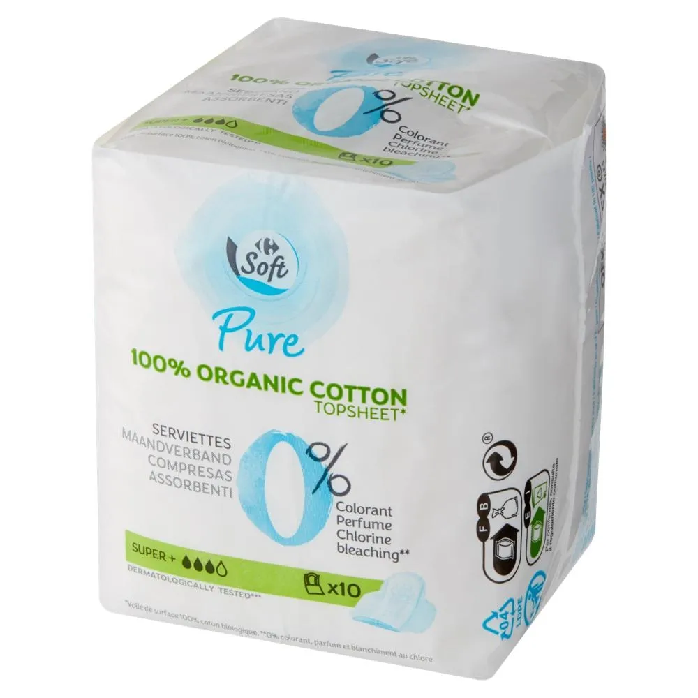 Carrefour Soft Pure Super+ Ultracienkie podpaski ze skrzydełkami 10 sztuk
