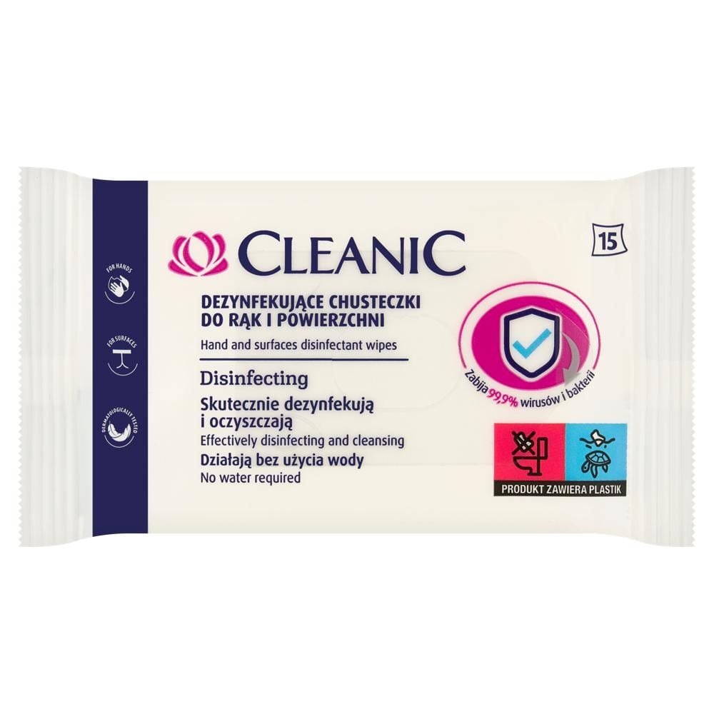 Cleanic Disinfecting Dezynfekujące chusteczki do rąk i powierzchni 15 sztuk
