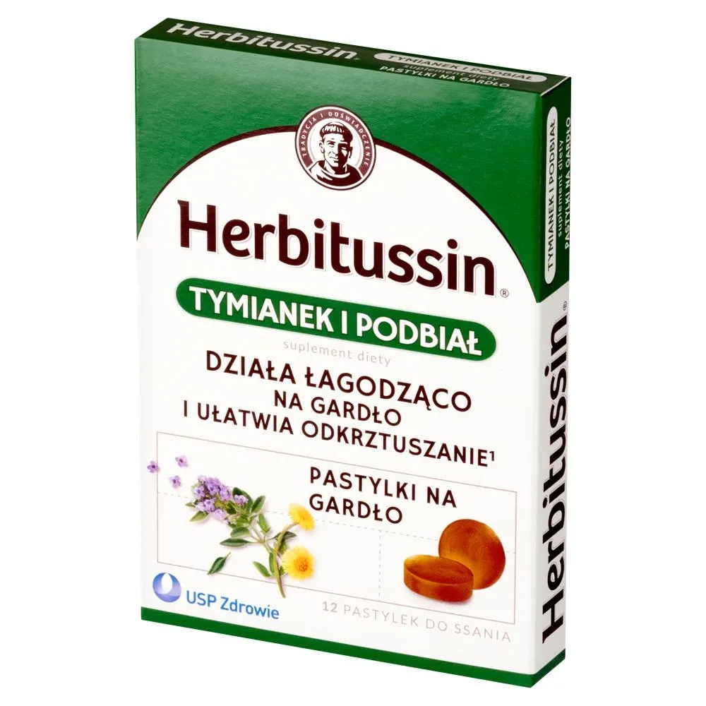 Herbitussin Pastylki na gardło tymianek i podbiał 12 sztuk