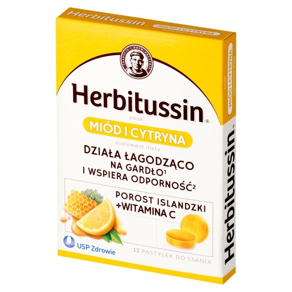 Herbitussin Pastylki smak miód i cytryna 12 sztuk