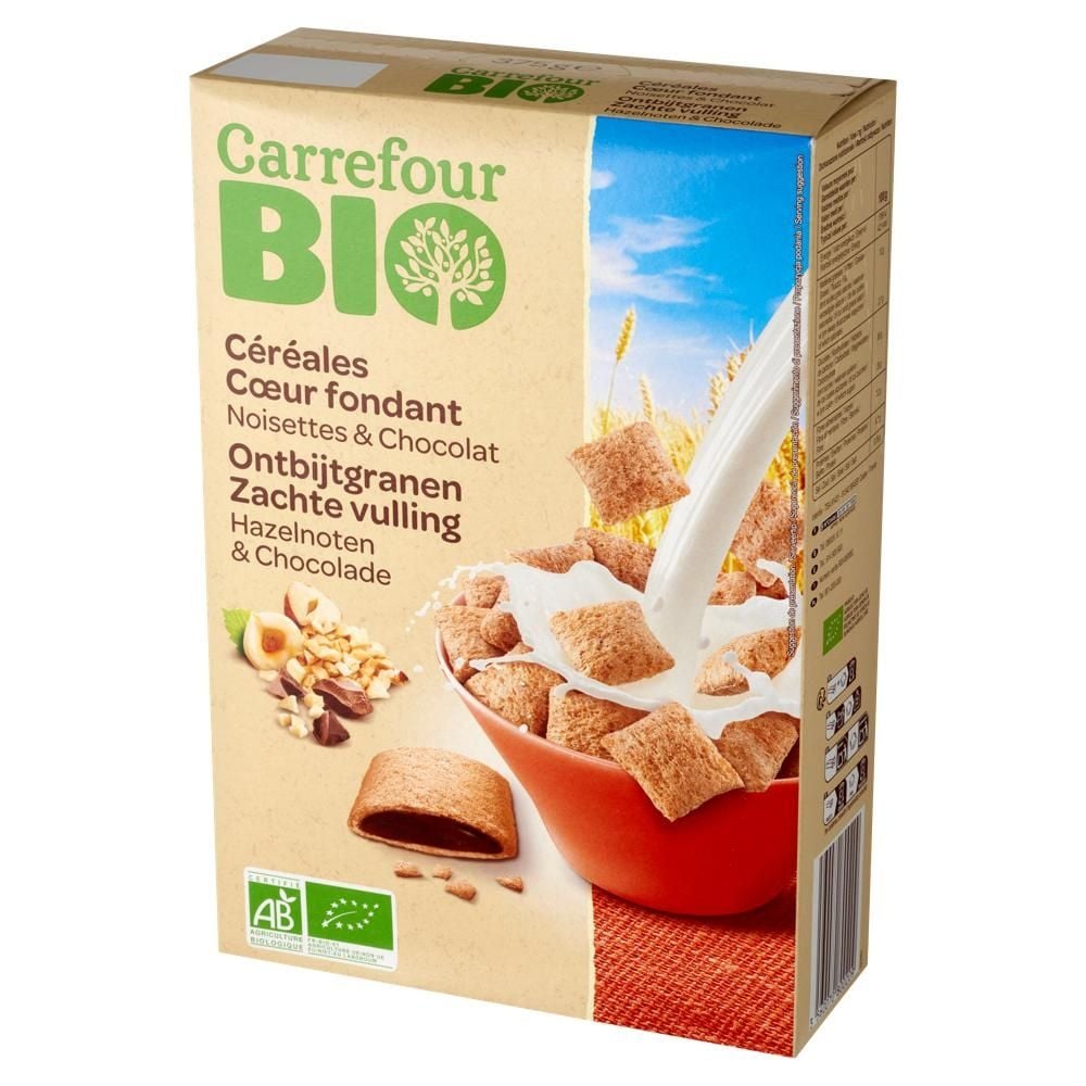 Carrefour Bio Płatki śniadaniowe z nadzieniem z orzechów laskowych i czekolady 375 g
