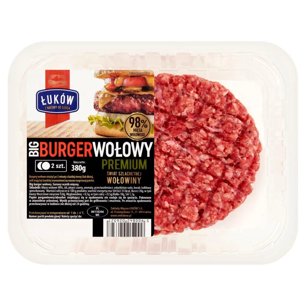 Łuków Big Burger wołowy premium 380 g (2 sztuki)