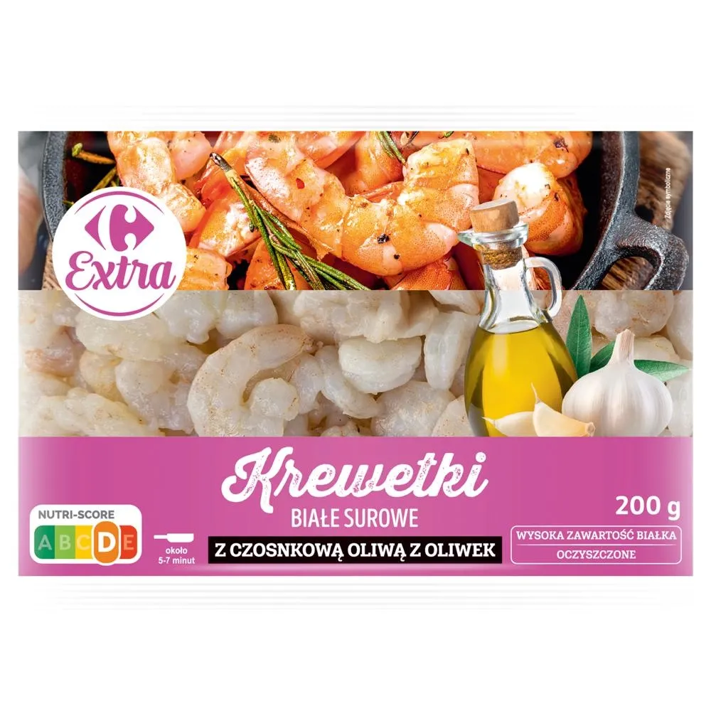 Carrefour Extra Krewetki białe surowe z czosnkową oliwą z oliwek 200 g