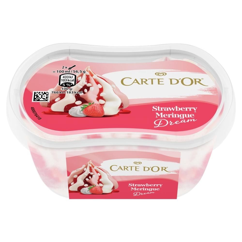 Carte d'Or Lody truskawkowe i lody o smaku waniliowym z sosem truskawkowym i kawałkami bezy 200 ml