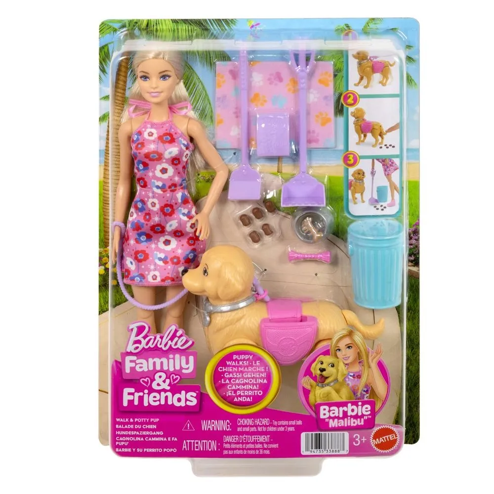 Barbie Malibu Spacer z pieskiem czyścioszkiem Zestaw, lalka i piesek