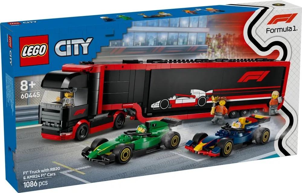 LEGO City 60445 F1 Ciężarówka z bolidami RB20 i AMR24 F1