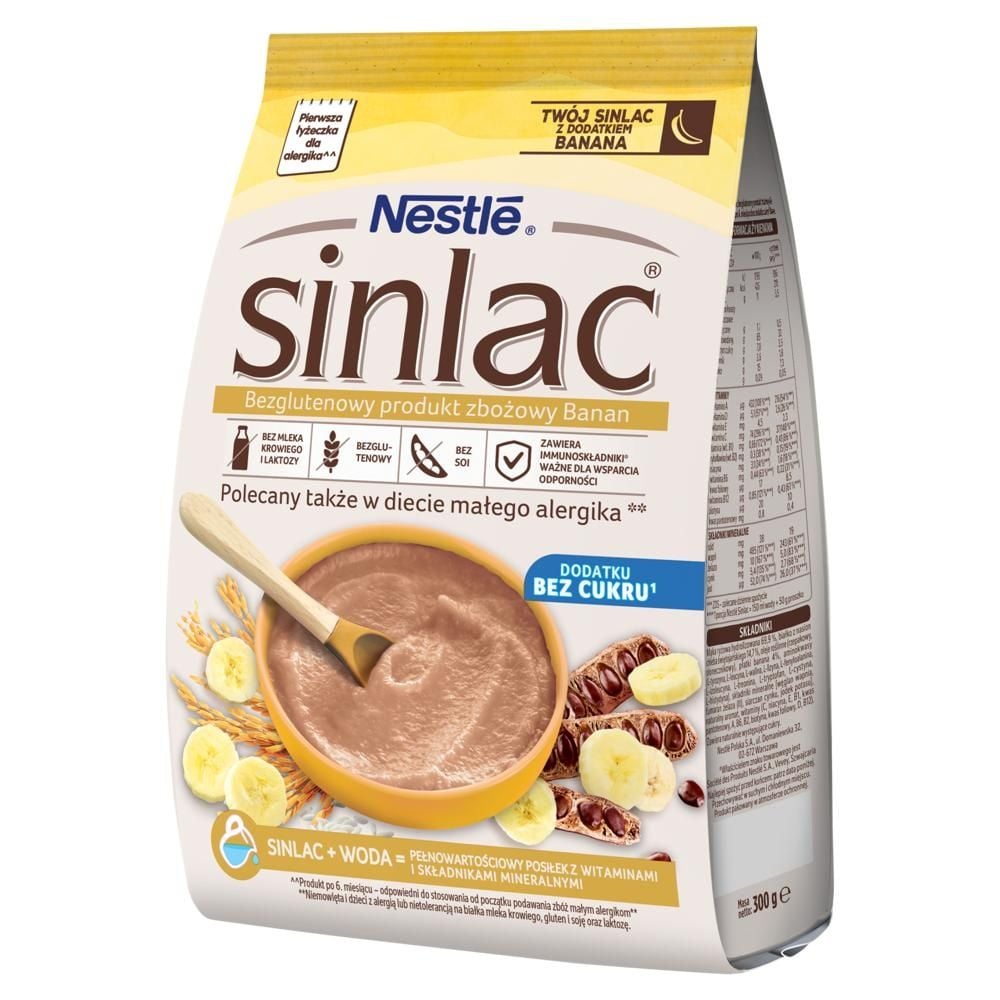 Nestlé Sinlac Bezglutenowy produkt zbożowy banan bez dodatku cukru po 6. miesiącu 300 g