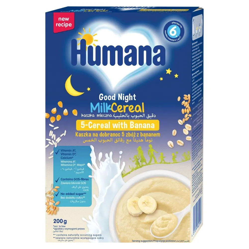 Humana Kaszka mleczna na dobranoc 5 zbóż z bananem po 6. miesiącu 200 g