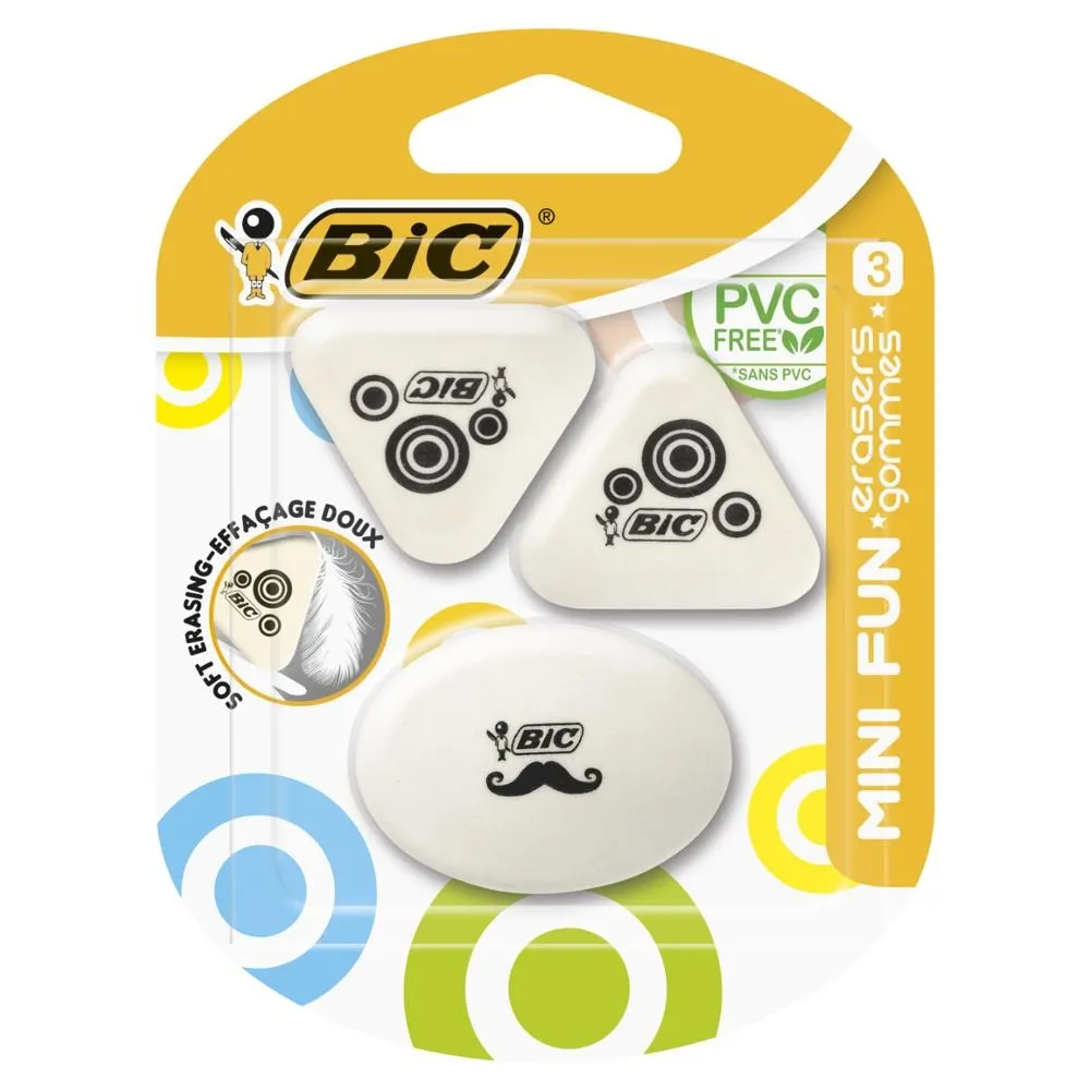 BIC Mini Fun gumka różne kształty blister 3 sztuki
