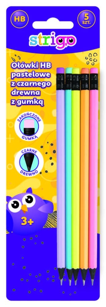 Ołówek HB z gumką Strigo czarne drewno Pastel 5 szt.