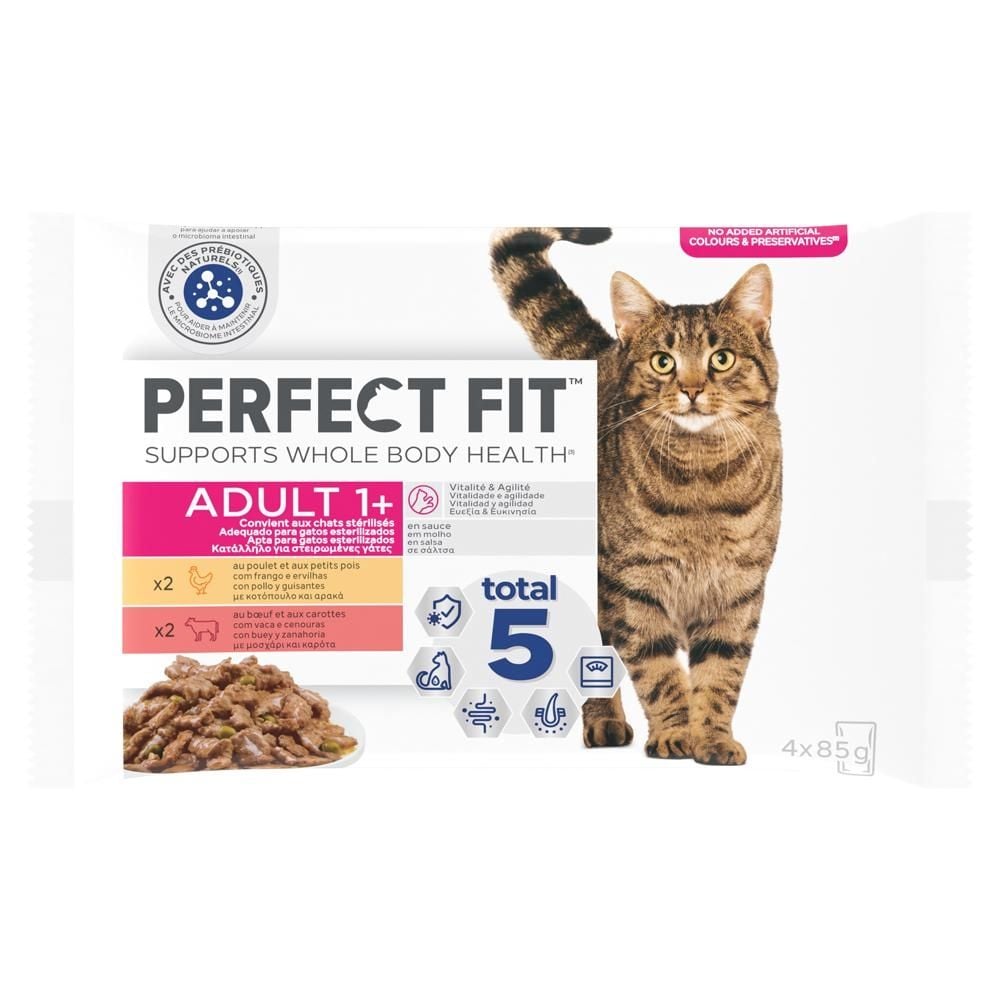 Perfect Fit Adult 1+ Mokra karma dla dorosłych kotów z kurczakiem i wołowiną 340 g (4 x 85 g)
