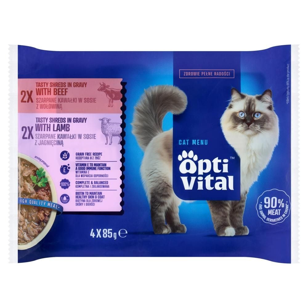 Optivital Cat Menu Karma dla dorosłych kotów szarpane kawałki w sosie 340 g (4 x 85 g)